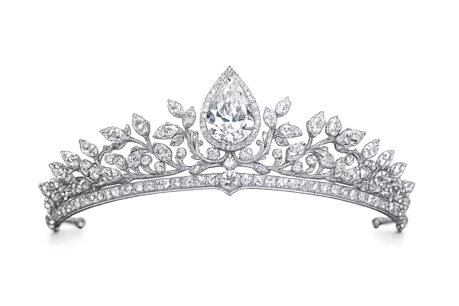 Diamond tiara with tall central pear-shaped diamond arrangement